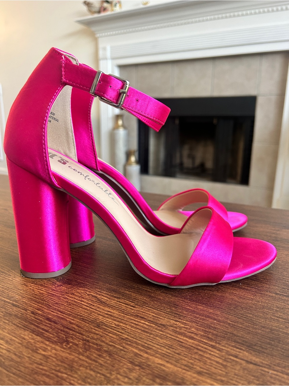 Hot Pink Satin Block Heel Ankle Strap Sandals